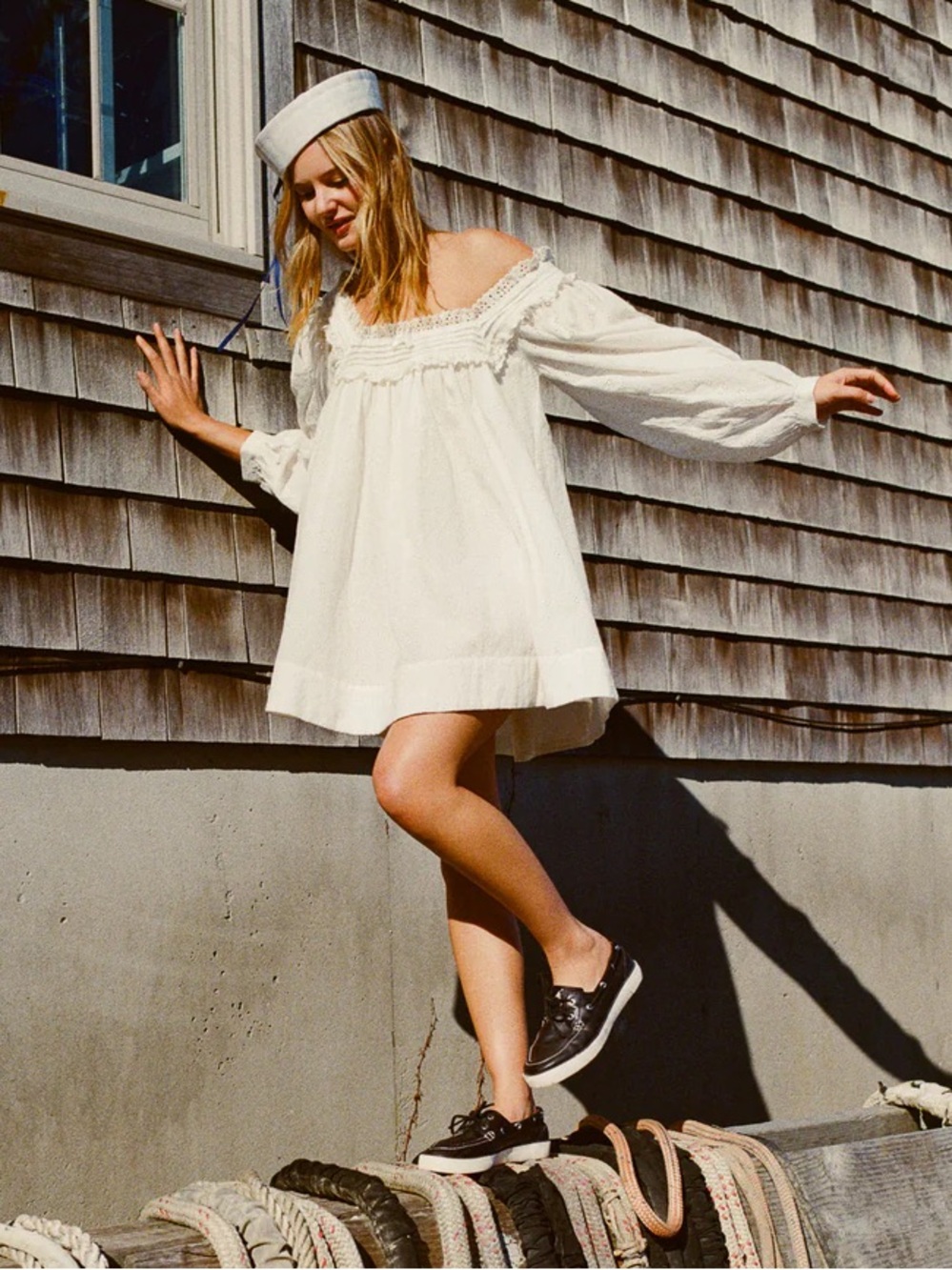 For Love & Lemons Susie Eyelet Lace Babydoll Long Sleeve Mini Dress White - Picture 7 of 7